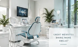 Bright dental treatment room with a teal dental chair, plants and a wall screen